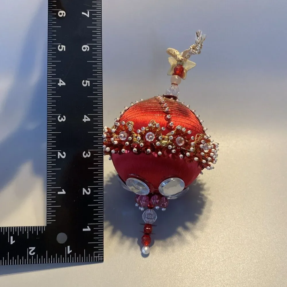 Vintage Christmas Red Gold Beaded Push Pin Ornate Ball Ornament Large Handmade